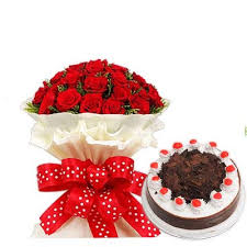 20 fresh rad roses 1kg black forest cake